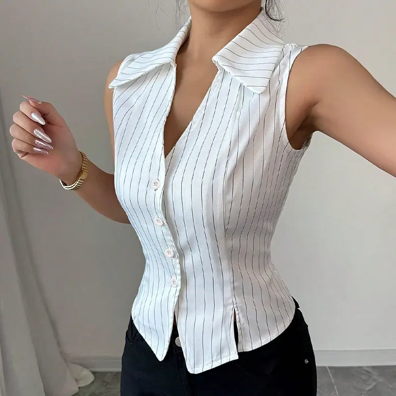 Stylish Slim Fit Plaid Cardigan for Women, Sleeveless Button Down Summer Top Made from Polyester Fabric, Tops, Stripes/Plaid, Check