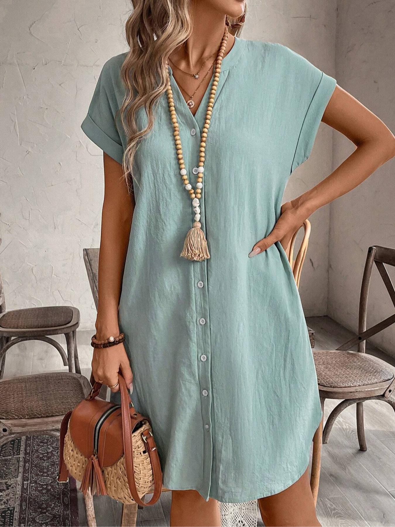 Women's Plain Notched Neck Batwing Sleeve Button Front Dress, Casual Short Sleeve Short Dress for Summer, Ladies Clothes for Daily Wear, Casual Everyday Wear