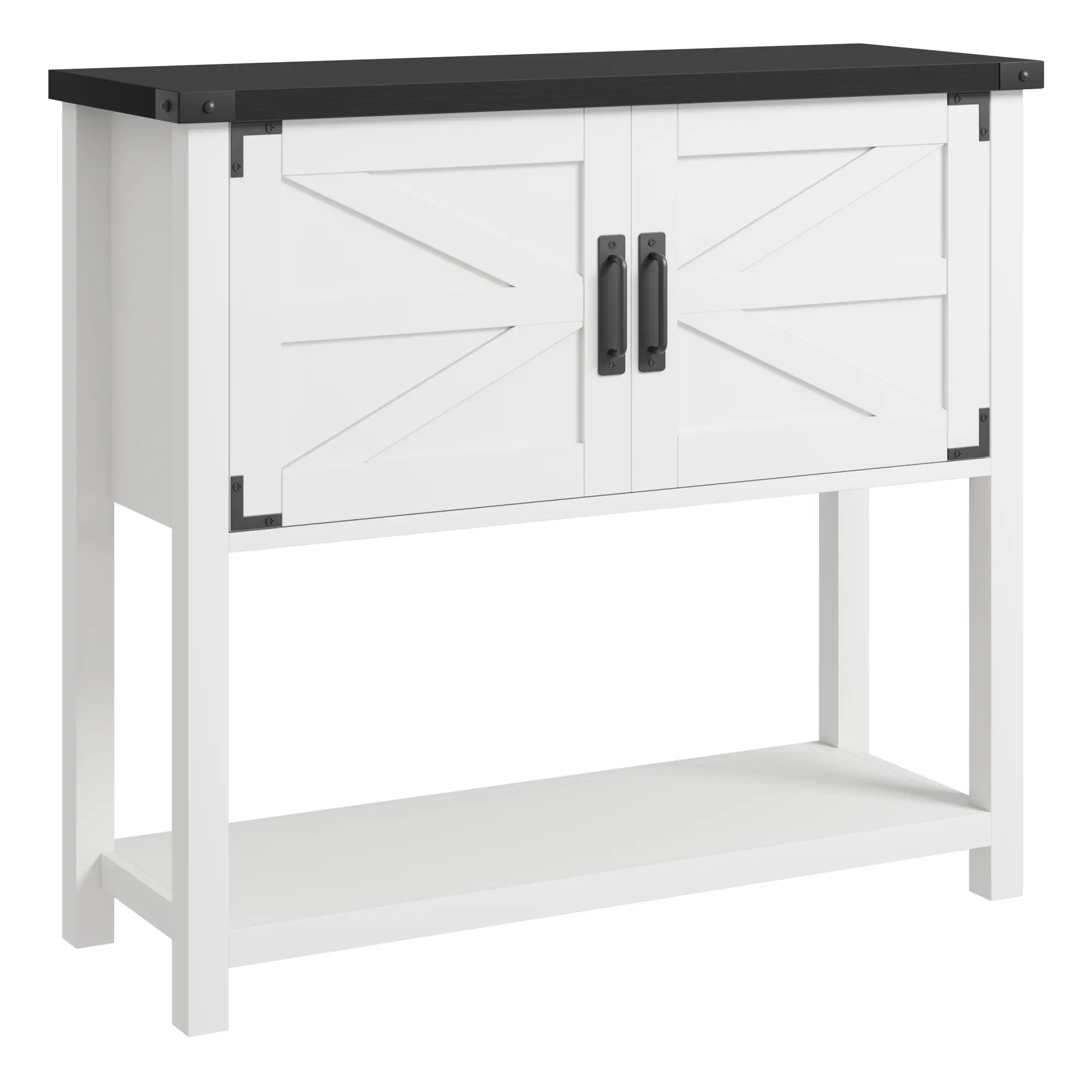 Farmhouse Console Table with Storage – 2-Door Wooden Cabinets, Open Shelf – Narrow Buffet Sideboard for Entryway, Living Room, Kitchen, Dining – Grey & White