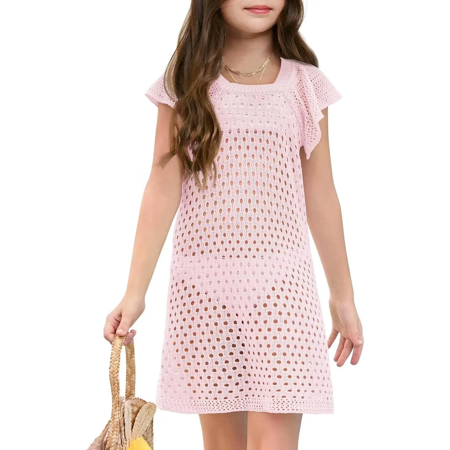 Girls' Crochet Swim Cover Up with Ruffle Sleeves, Hollow Out Summer Beach Dress for Kids 5-14 Years(Gift)
