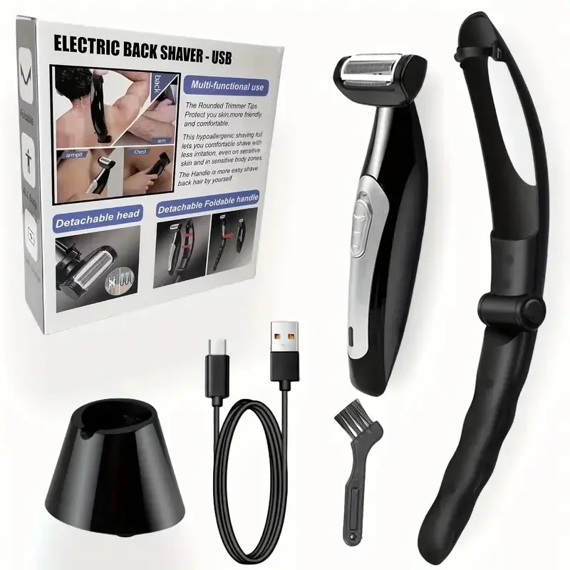 Electric Back Hair Trimmer with USB Charging Base, Detachable Long Handle, Power Boost, Dry Wet Use, Men's Back Grooming Tool