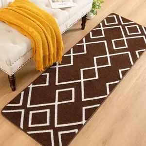 Soft Runner Rug, 2x6Ft Moroccan Non-Slip Carpet for Bedroom, Geometric Small Area Rugs with Memory  for Living Room Office Bedside Dorm Hallway, Brown and White