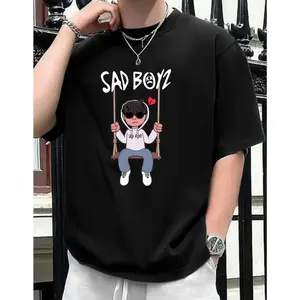 Round Neck T-shirt with Sad Boys Print, Casual Short Sleeve T-shirt for Spring and Summer, Women's Clothing