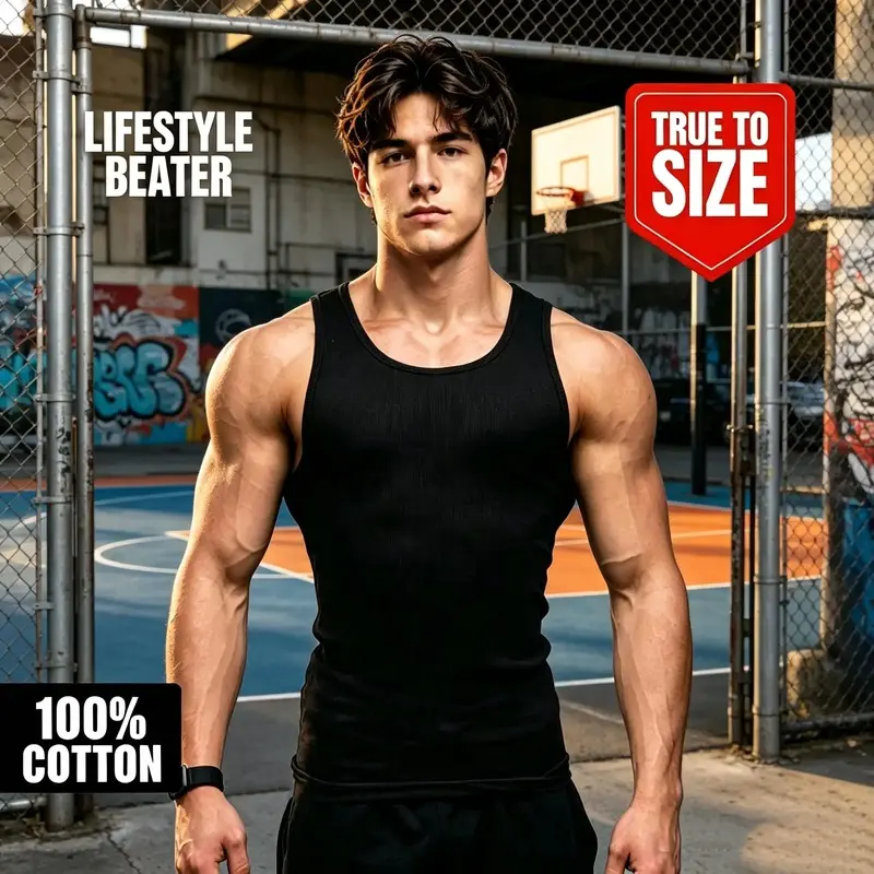 Slim Fit Men Ribbed Tank Top, 100% Cotton Workout Muscle Beater Undershirt For Basketball