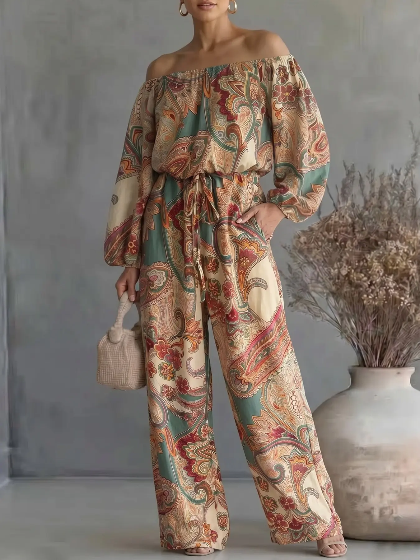 French Vintage Paisley Print One-Shoulder Romper, Bohemian Chic Wide Leg Pants, Beach Vacation Tea Time Slim Fit High Waist Long Pant