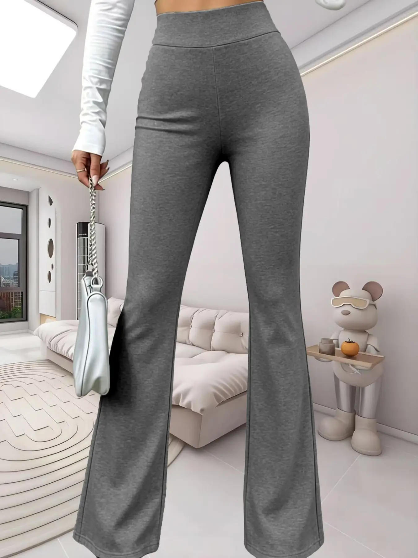 Women's High-Waisted Elastic Flared Pants, Soft Stretch Skinny Bell Bottoms, Minimalist Casual Sportswear for Home, Yoga, Commute, Travel