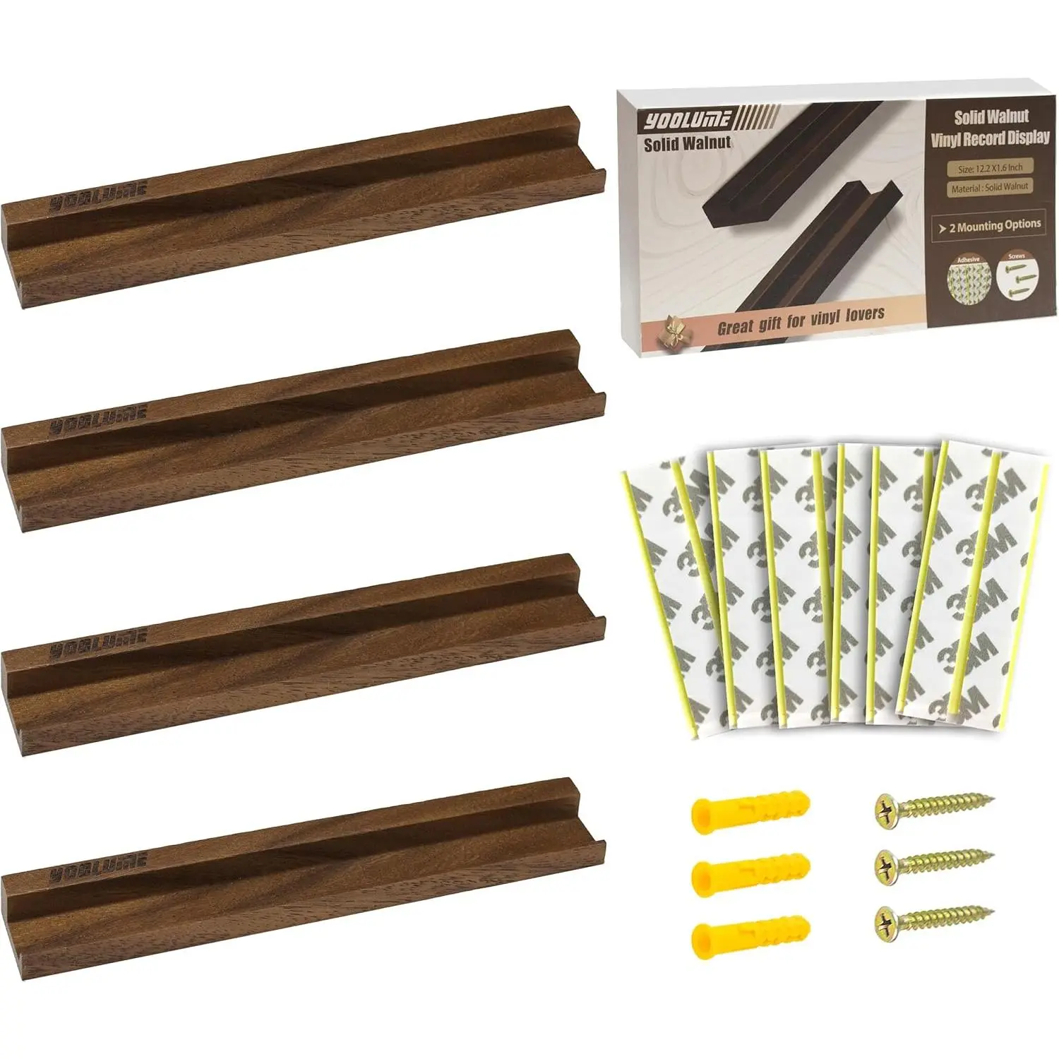 Vinyl Wall Display No Drill with 2 Mount Options(Adhesive & Screws), 4 Pack Walnut Wood Vinyl Wall Mount, Record Shelf, Record Holder Wall, Album Display Shelves, Floating Shelf for Album, LP, CD