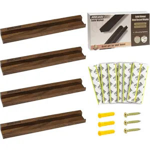 Vinyl Wall Display No Drill with 2 Mount Options(Adhesive & Screws), 4 Pack Walnut Wood Vinyl Wall Mount, Record Shelf, Record Holder Wall, Album Display Shelves, Floating Shelf for Album, LP, CD