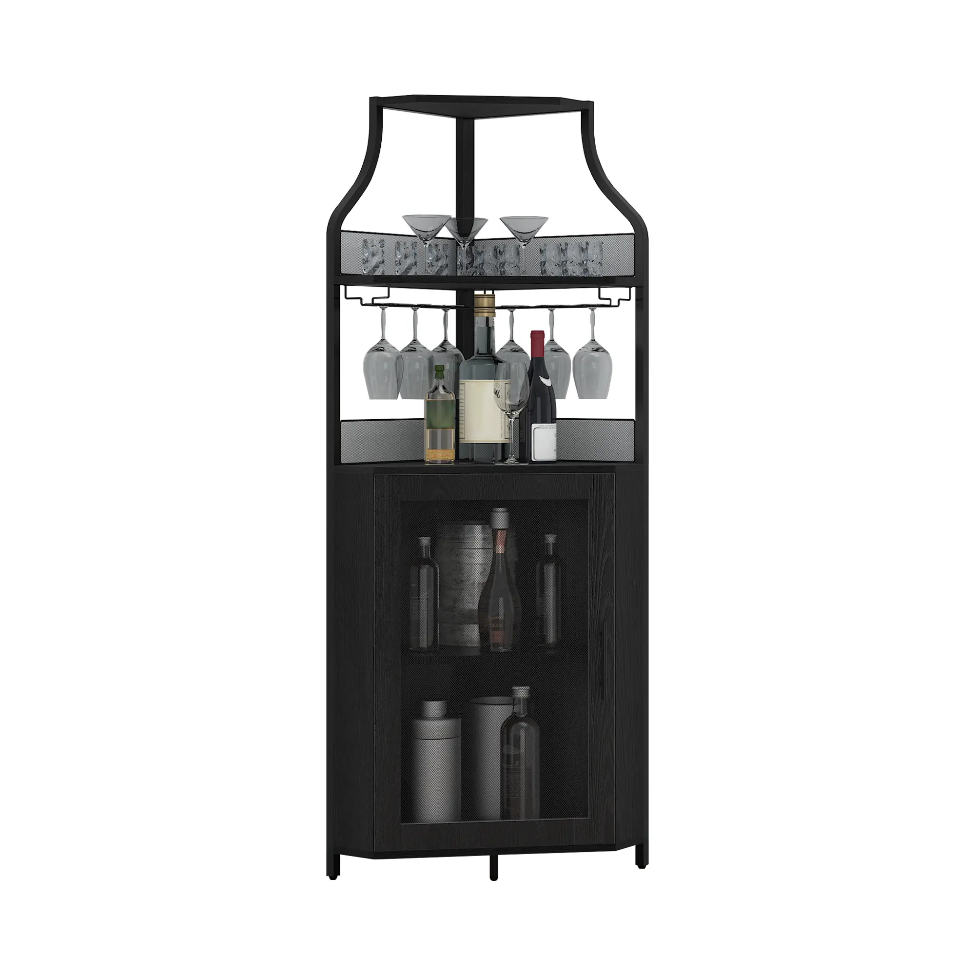 Space-Saving Corner Bar Cabinet with RGB LED Lights, 5-Tier Tall Wine & Liquor Storage Rack with Glass Holders & Metal Mesh Door, Modern Industrial Freestanding Home Bar Furniture for Dining Room Kitchen Living Room, Heavy Duty Black Wood