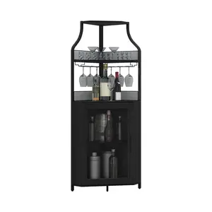 Space-Saving Corner Bar Cabinet with RGB LED Lights, 5-Tier Tall Wine & Liquor Storage Rack with Glass Holders & Metal Mesh Door, Modern Industrial Freestanding Home Bar Furniture for Dining Room Kitchen Living Room, Heavy Duty Black Wood