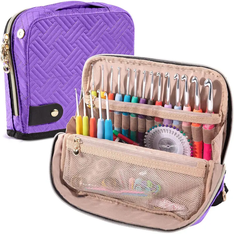 Quilted Fabric Knitting Supply Storage Bag, Multifunctional Yarn Tote With Large Capacity. Handheld Craft Organizer Keeps Crochet Needles, Threads And DIY Weaving Supplies Neatly Sorted For Home Handmade Crafts And Travel Use.