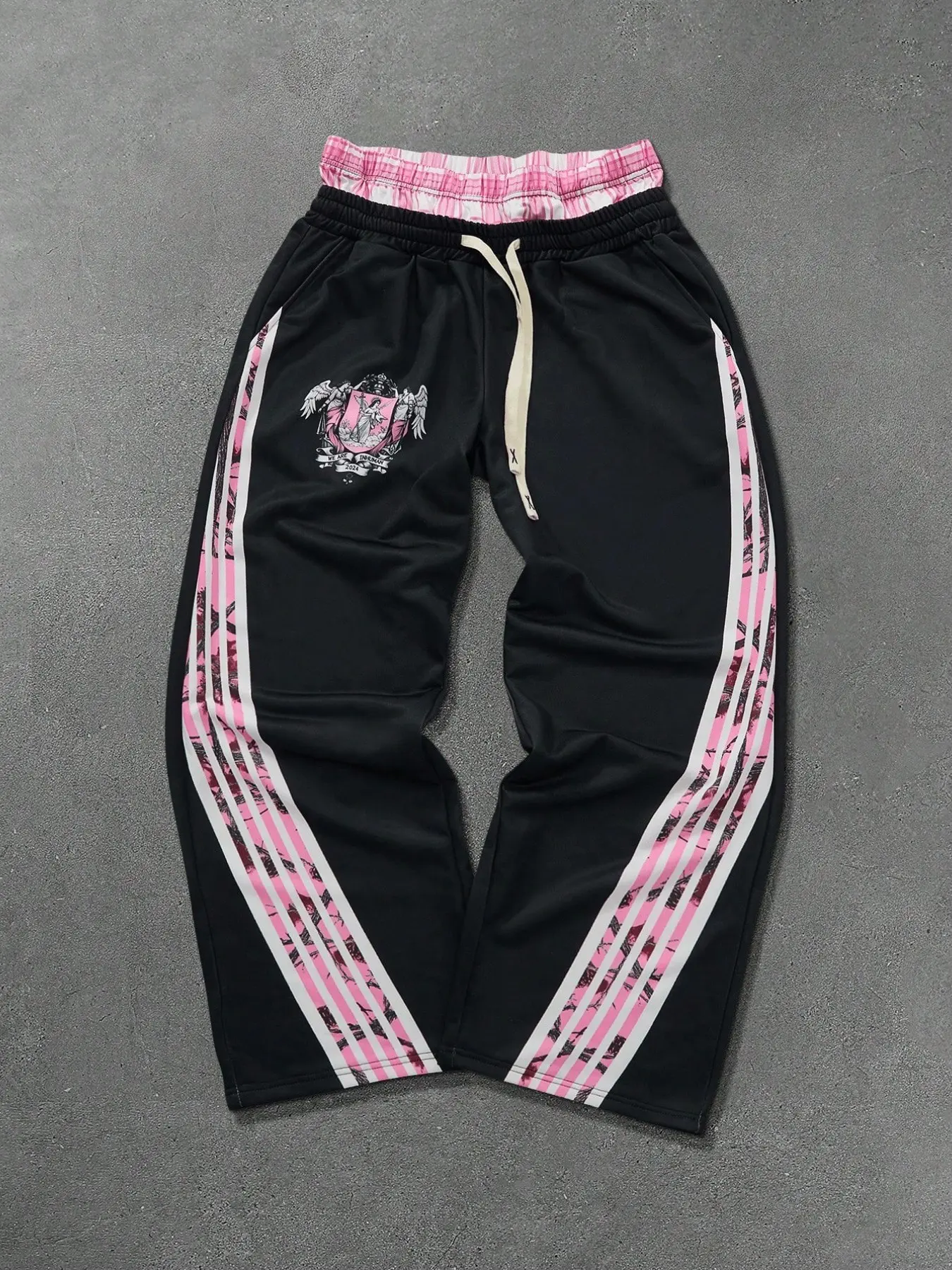 American College Fake Two-piece Pink Plaid Double Waist Wide Leg Sweatpants, Y2K Sweet Cool Pink White Stripe Angel Badge Printed Straight Track Pants, Unisex Loose Casual Trousers, Campus Street Couple Outfit, Holiday Birthday Gift