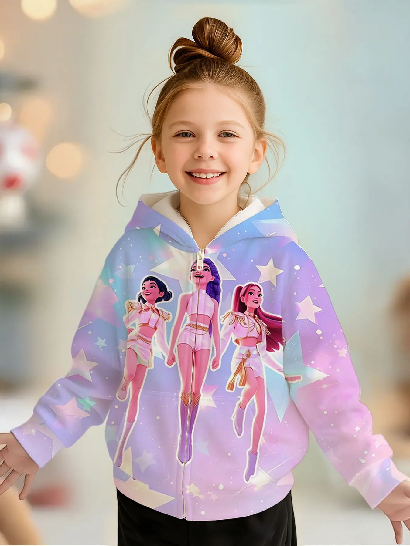 Girls' Spring Fall Zip-Up Hoodie Jacket, Casual Cute Outerwear, Dreamy Blue Starry Idol Print, Long Sleeve, Casual Loose-Fit, Perfect for Gifts