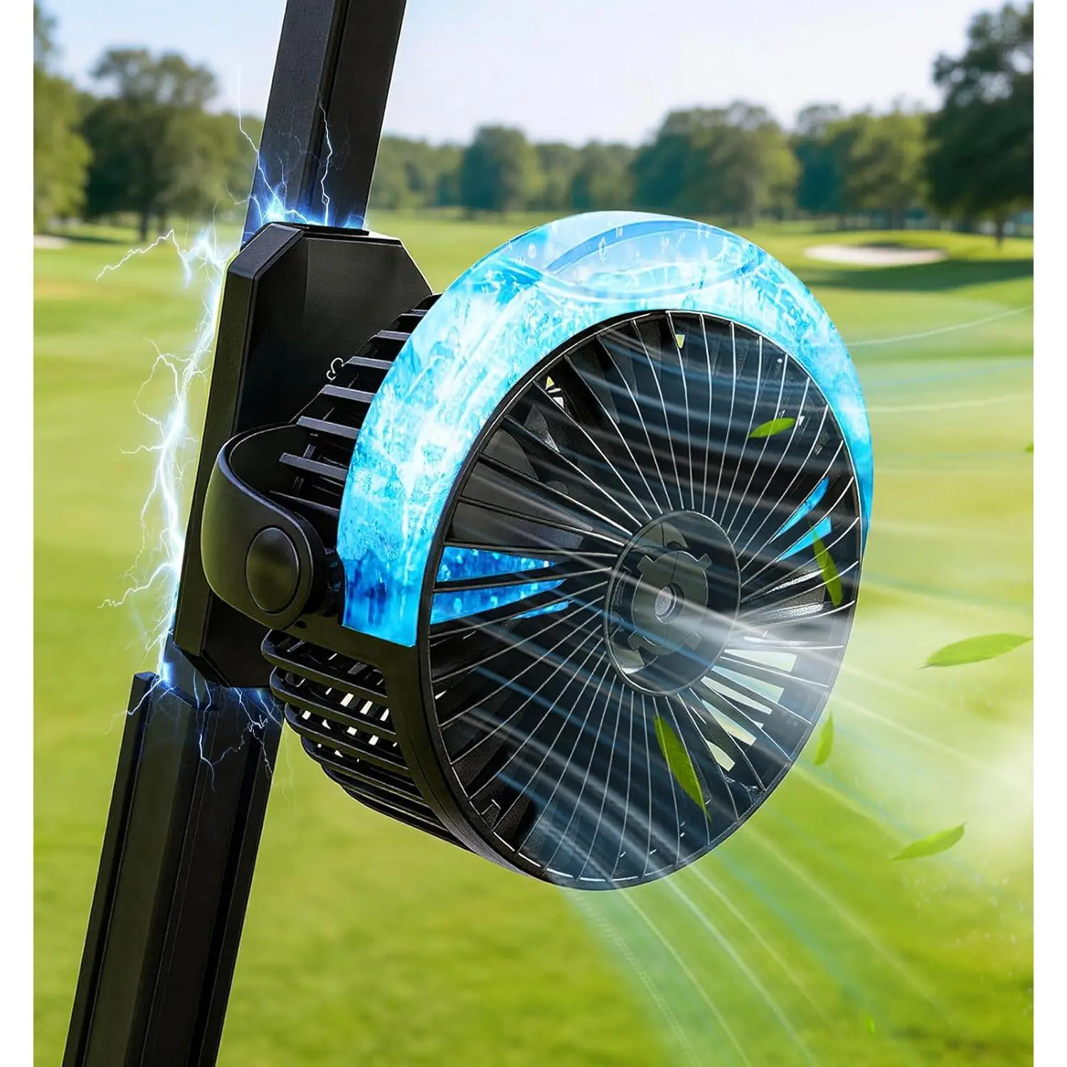 Golf Cart Fan, Camping Fan with Misting & LED Light, Rechargeable Portable Fan with 12000mAh  and   Base, 3-Speeds  Operated Fan for Golf Cart, Cruise Ship, Tent