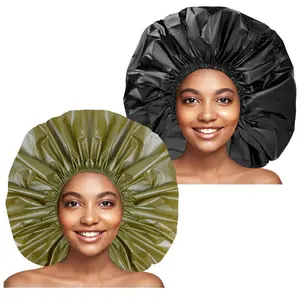 Jumbo Size Shower Cap 2 PCS Waterproof Shower Caps for Women, Extra Large Shower Cap, Reusable Super Large Bath Caps Hair Cap for Long Thick Curly Hair, Locs, Twist Braids - Black+Green