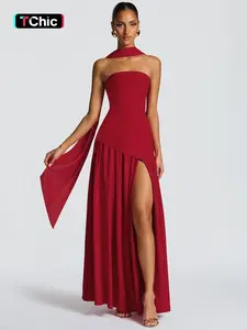 Women's Side Split Thigh Pleated Sleeveless Strapless Bodycon Tube Dress & Halter Tie Neck Ribbon Two-piece Set, Elegant Ruched Design, Backless Plain Ruched Maxi Dress, Cocktail Party Club Holiday Date Evening Wedding Long Dresses, Formal Wear