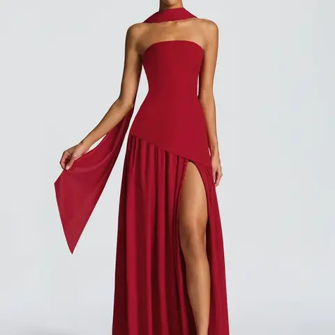Women's Plain Side Split Thigh Strapless Tube Dress & Scarf Two-piece Set, Elegant Backless Ruched Maxi Dress, Elegant Ruched Design, Ideal for Evening Cocktail Party, Club, Wedding & Date, Formal Wear