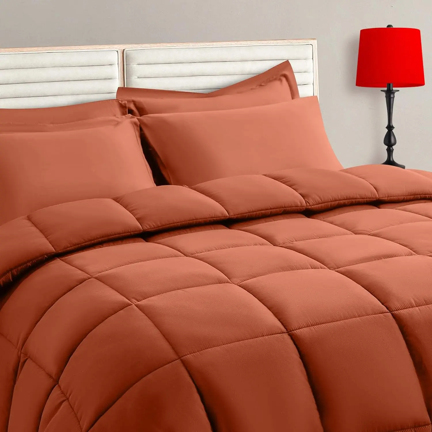 Burnt Orange King Comforter Set - 7 Pieces, Bed in a Bag Bedding Sets with All Season Soft Quilted Warm Comforter,Flat Sheet,Fitted Sheet,2 Pillow Shams,2 Pillowcases