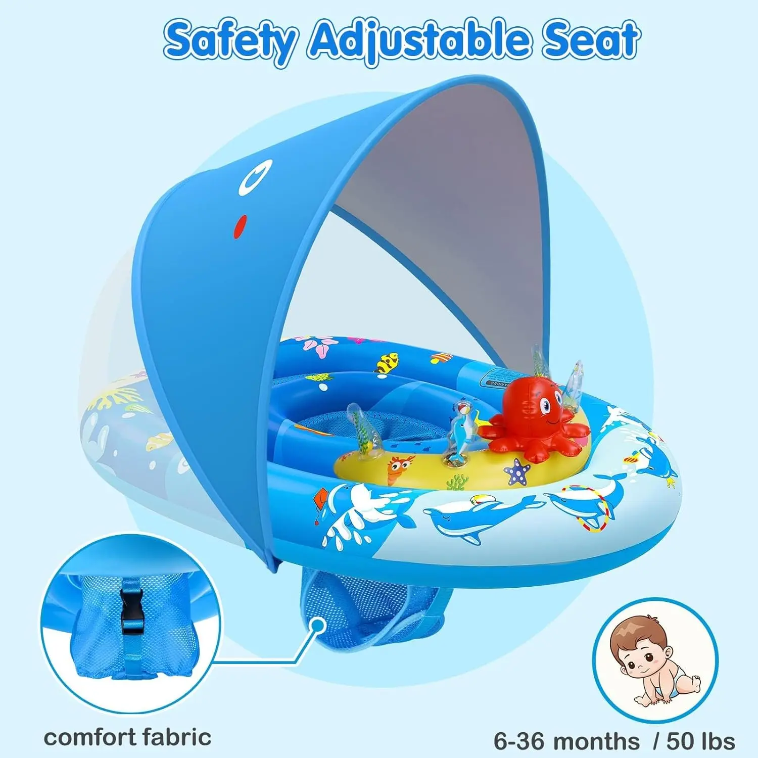 Baby Inflatable Float with UPF50+ Sunblock Canopy, Adjustable Seat and Ocean Animals Toys for 6-36 Months Boys & Girls, Infant Swimming Safety Float
