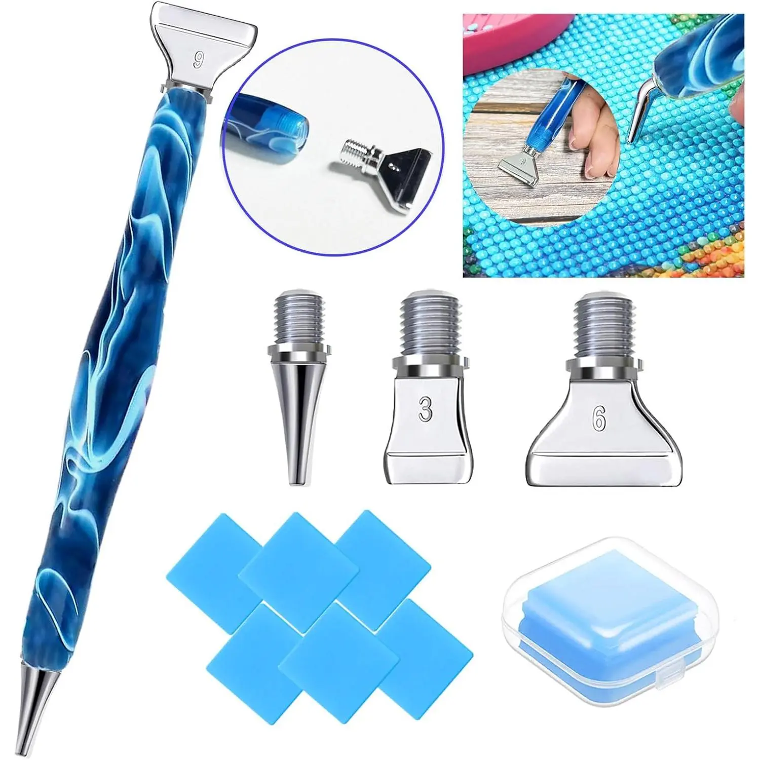 Diamond Art Tools Diamond Painting Accessories Kits with Screw Metal Tip Diamond Painting Pen Drill Bead Dot Pens for Art Craft Nail No Longer Loose (Blue Pen Silver 3)