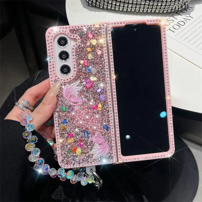 Compatible with Z Fold 7/6/5/4/3 |   Pretty 3D Goldfish Glitter Cover, Folding Phone Case with Wrist Strap HNZ0003