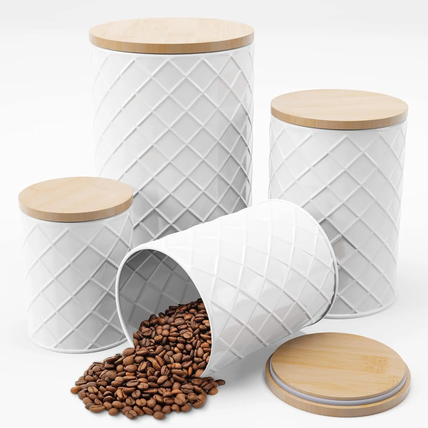 ® White Metal Canister Set for the Kitchen Counter,  Canister Set of 4, Airtight , Sugar and Flour Containers for Countertops, Coffee and  Storage,  Decor