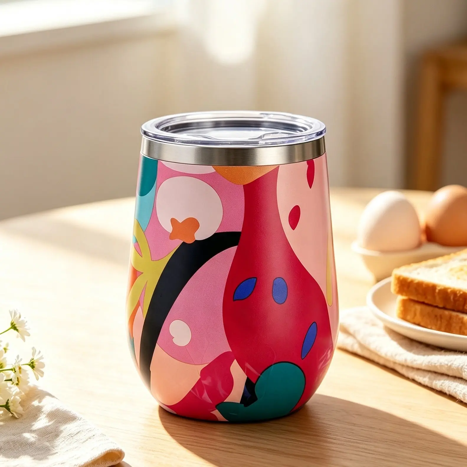 Wide Mouth Stainless Steel Insulated Stemless Wine Cup, Spill‑Resistant Lock Lid, BPA‑Free, Keeps Drinks Cold & Hot, Geometric Design, Perfect for Wine, Cocktails, Coffee, Water, Travel and Outdoors