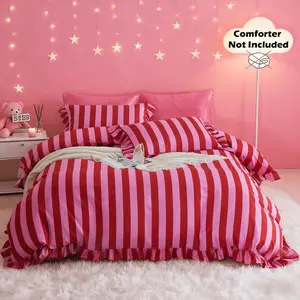 Romantic Pink Striped Ruffle Duvet Cover Set, Cute Striped Pattern 3-Piece Bedding Set includes 1 duvet cover + 2 pillowcases, fillings not included. Made of soft cozy fabric, ideal for bedroom home decor & perfect gift option.