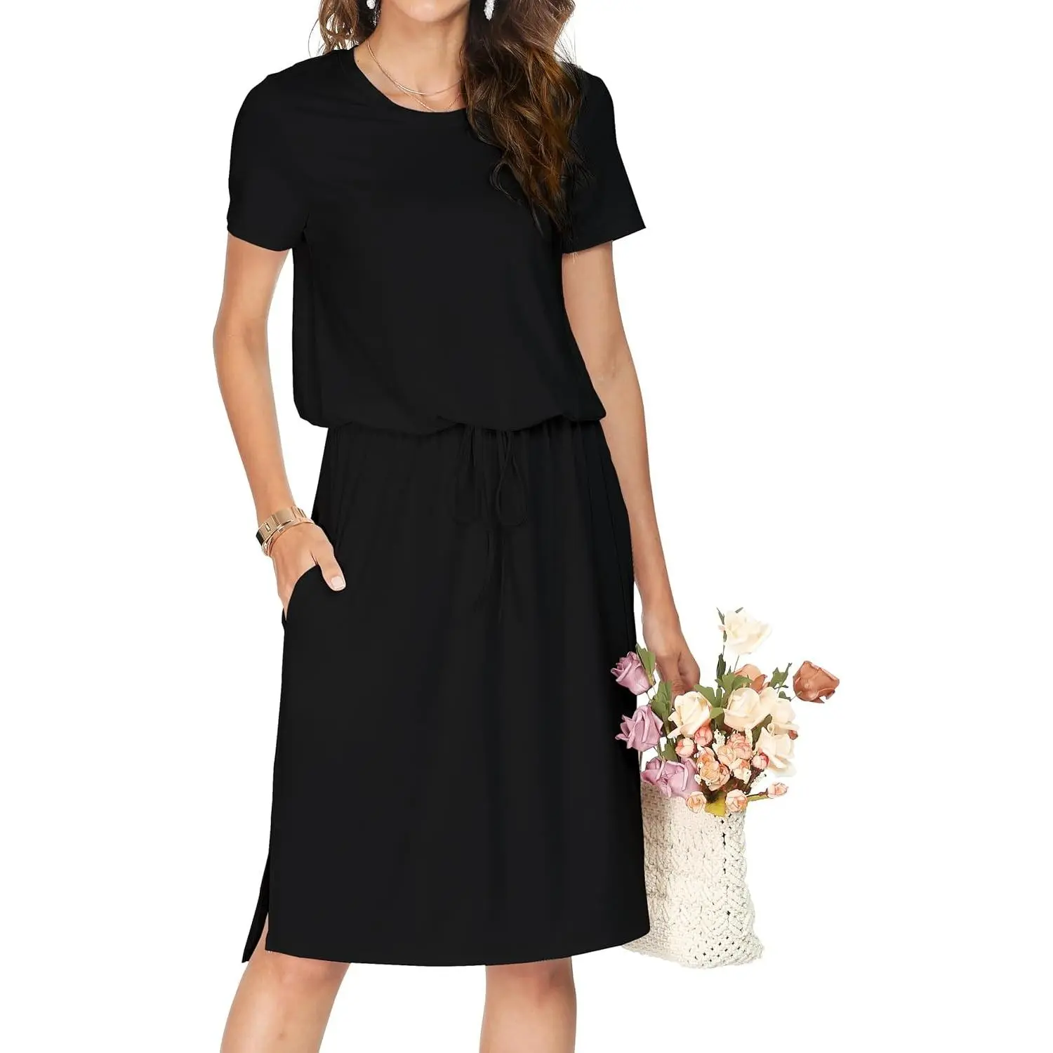 Women's Elegant Shortsleeve Midi Teacher Dress with Pockets, Casual Summer Fashion for Work and Everyday, Cocktail