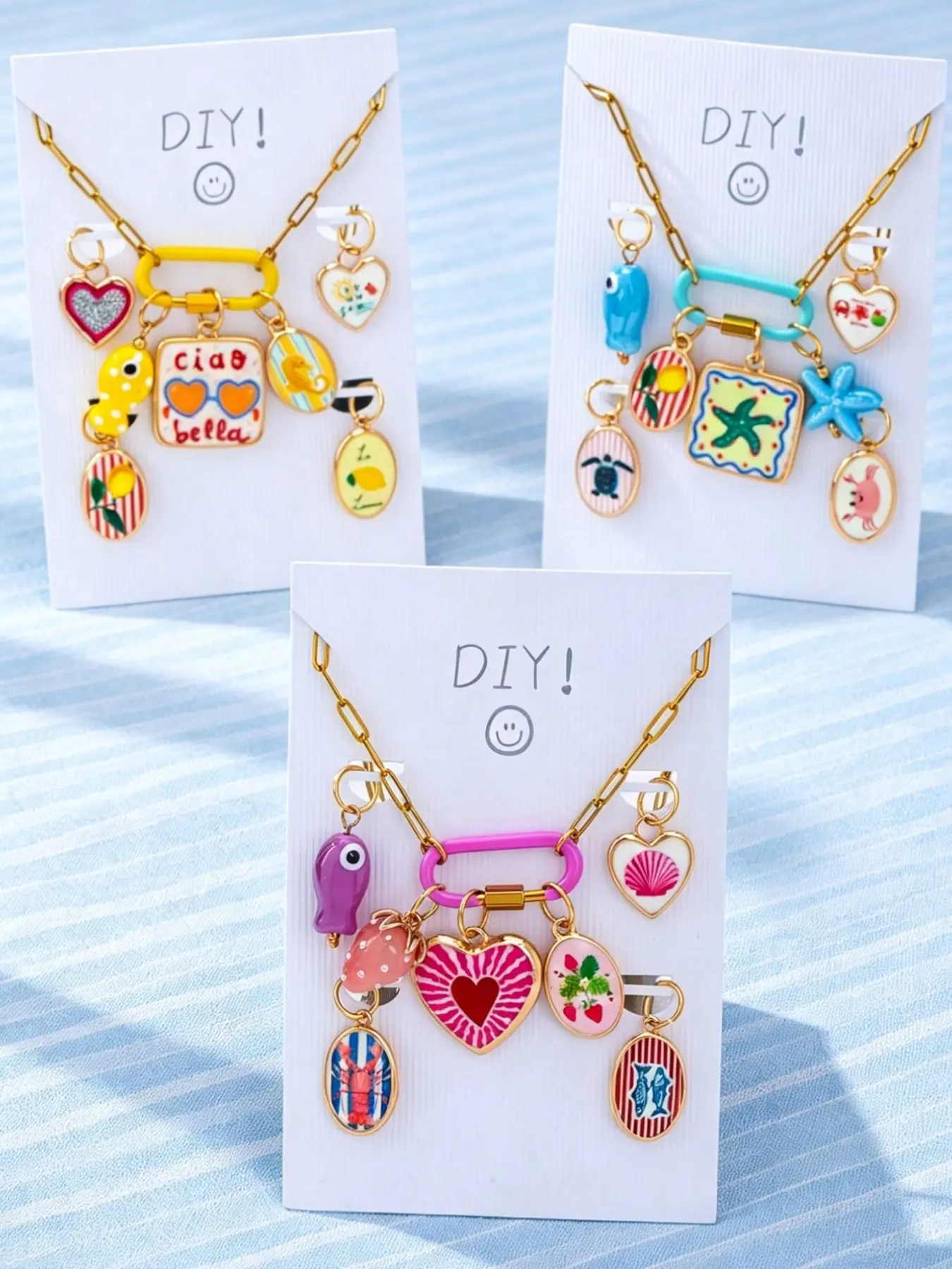 Changeable Pendant Necklace Set, Colorful Heart Starfish Lobster Lemon Enamel Pendants, DIY Carabiner Ring with Stainless Steel Chain