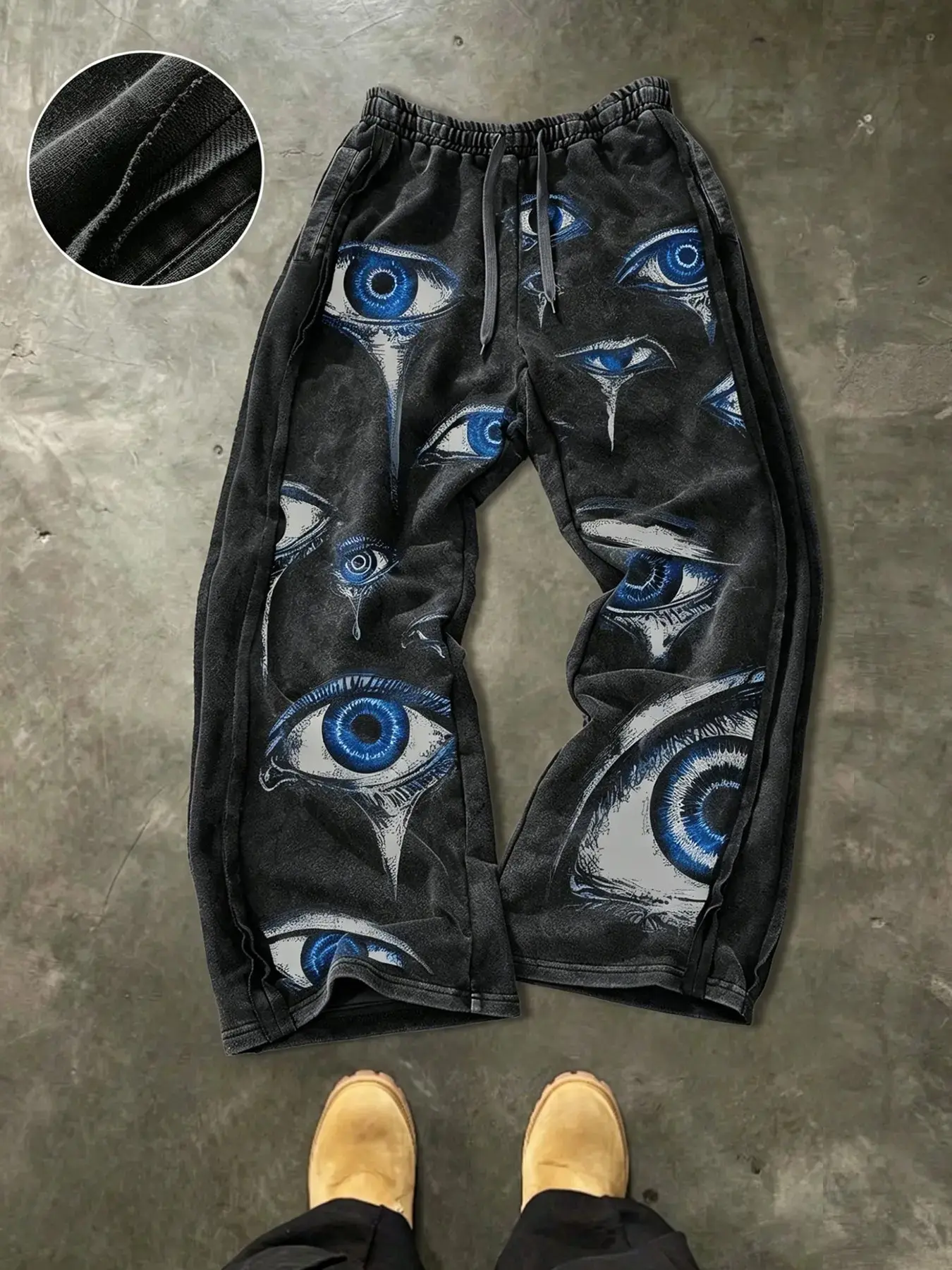 Vintage Washed Koi Fish Print Wide Leg Oversized Sweatpants, Japanese Ukiyo-E Floral, Loose Fit, Casual Trousers with Drawstring, Baggy