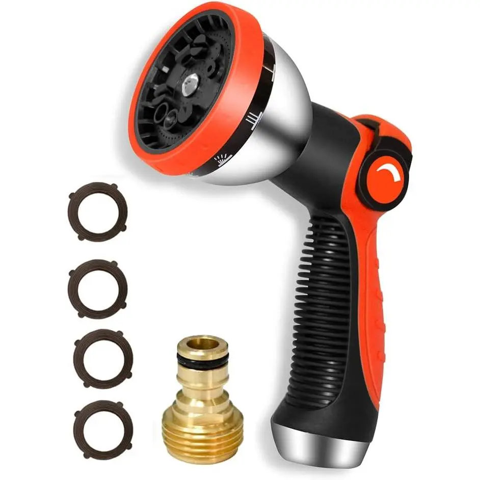 Garden Hose Nozzle Metal Hose  Nozzle Water Hose Nozzle 10 Patterns Hose Nozzle  Nozzle For Hose Watering  Washing With 1 count Male Quick Connect Nipple and 4 count Washer