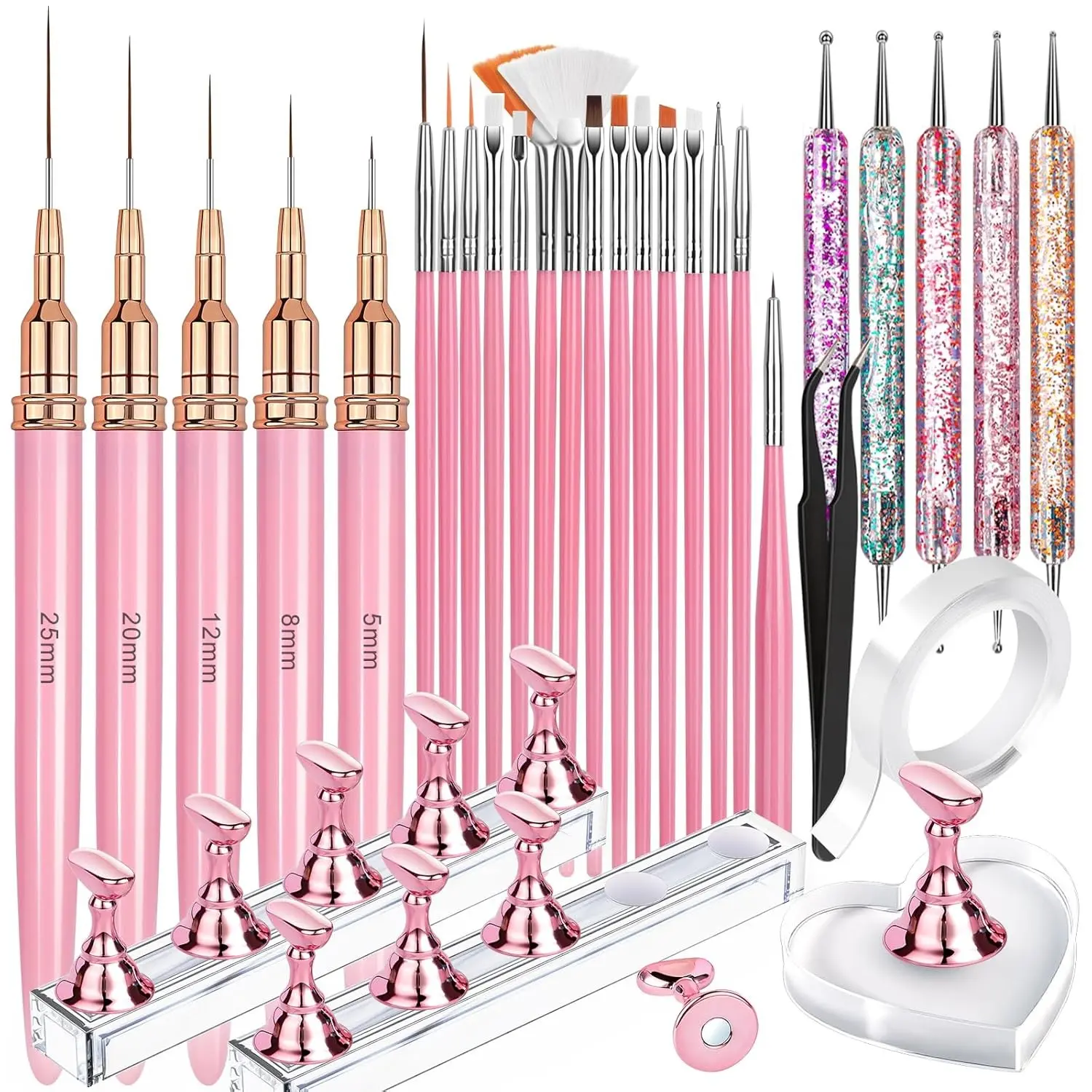 30-Piece Nail Art Tool Set, Nail Tech Supplies – Includes Nail Brushes, Magnetic Nail Stands, Heart-Shaped Nail Holder, Liner Brushes, Dotting Pens, Tweezers & Double-Sided Tape – Essential for Nail Salons, Schools & Home DIY