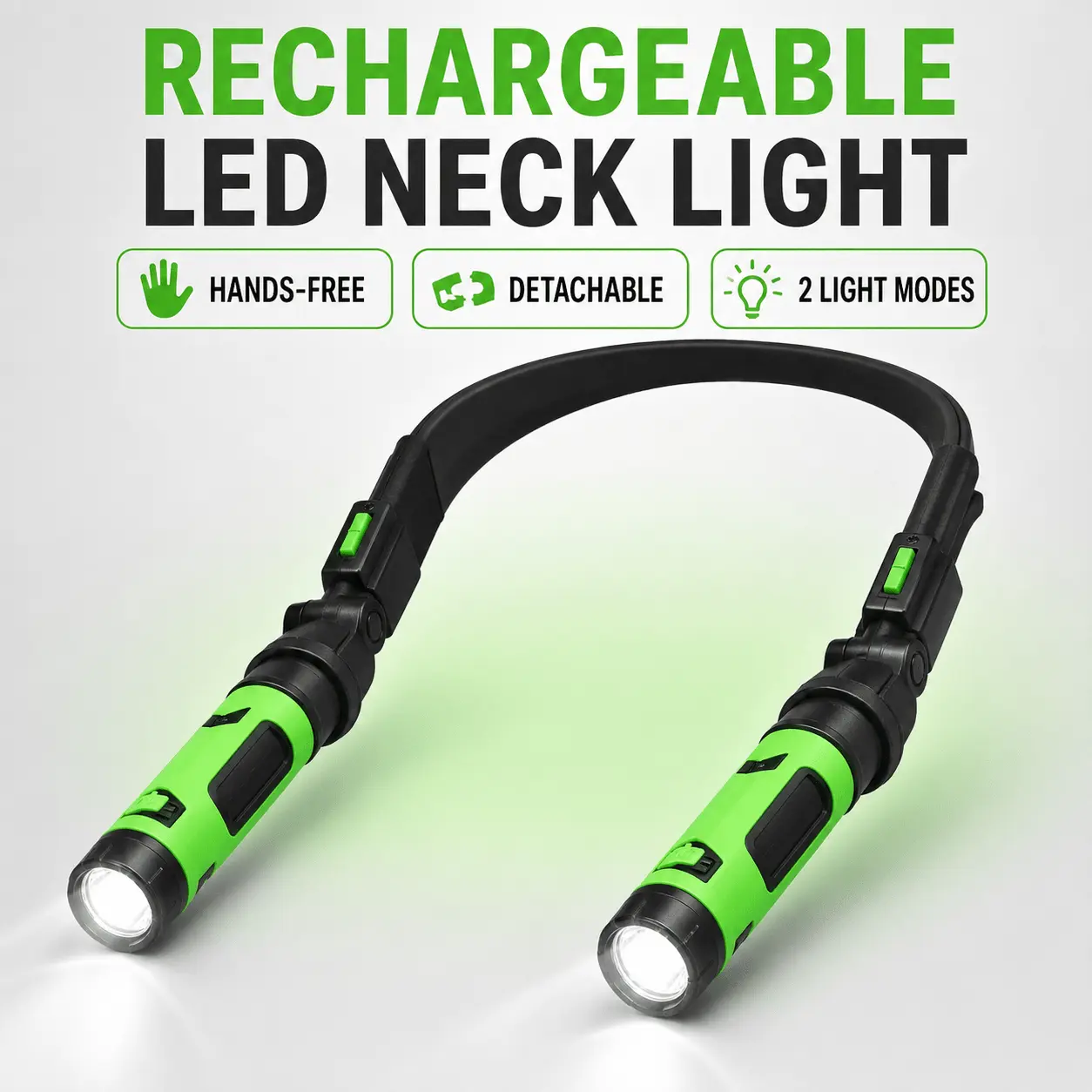 3-in-1 Rechargeable LED Neck Work Light, 2 Detachable Magnetic Flashlights, 2 Brightness Modes, 120° Adjustable Hands-Free Light for Auto Repair, Reading & Emergencies