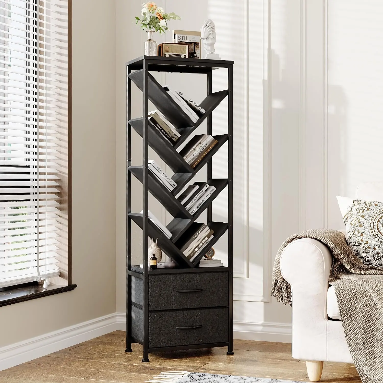 Tree Bookshelf with Fabric Drawers, 8 Tier Floor Standing Bookcase, Tall  Book Shelf Storage Organizer for Bedroom/Living Room/ Office/Corner, Black
