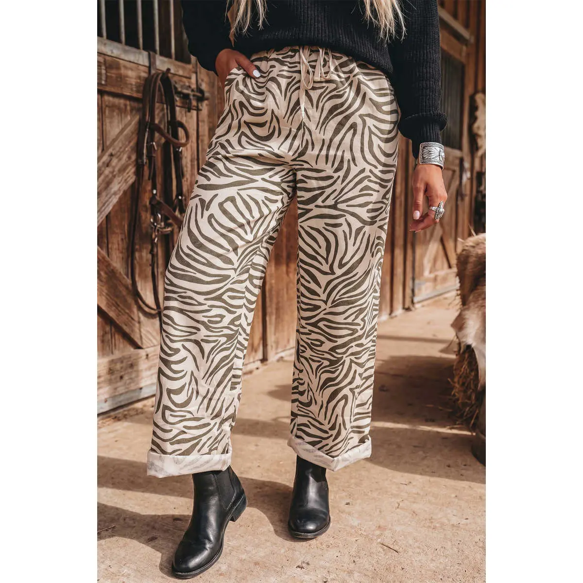 Multicolour Western Print Zebra Pattern Elastic Waist Pocket Full-Length Pants