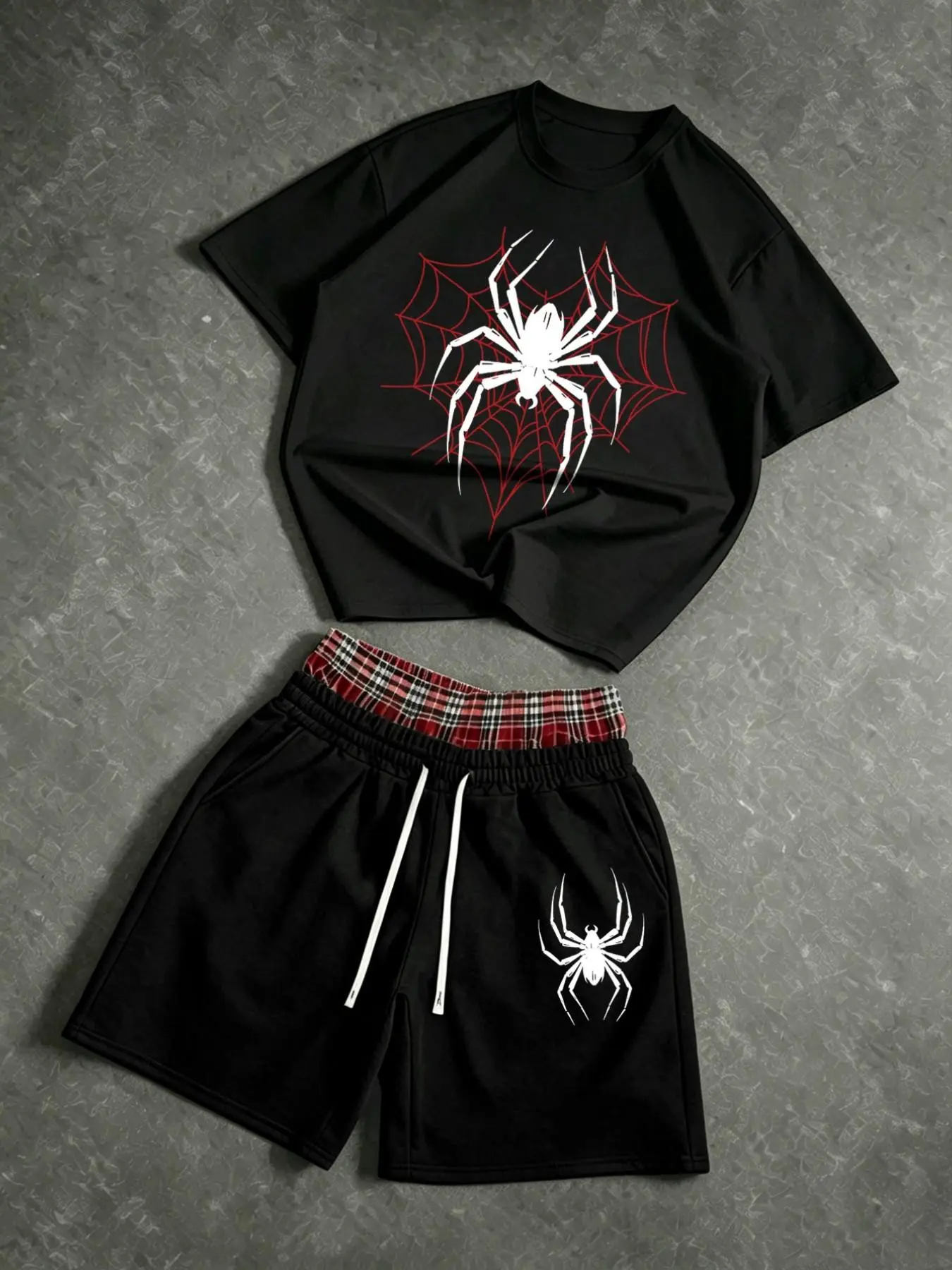 Men's spider print cropped T-shirt and plaid double-waisted shorts two-piece set, a loose Y2K gothic street style outfit.