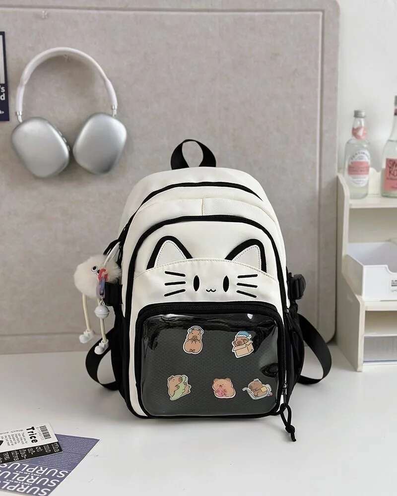 Y2K Cute Cat Ita Backpack Large Capacity Knapsacks Casual Girl Transparent DIY Display Rucksack Cartoon Trendy Travel Schoolbags