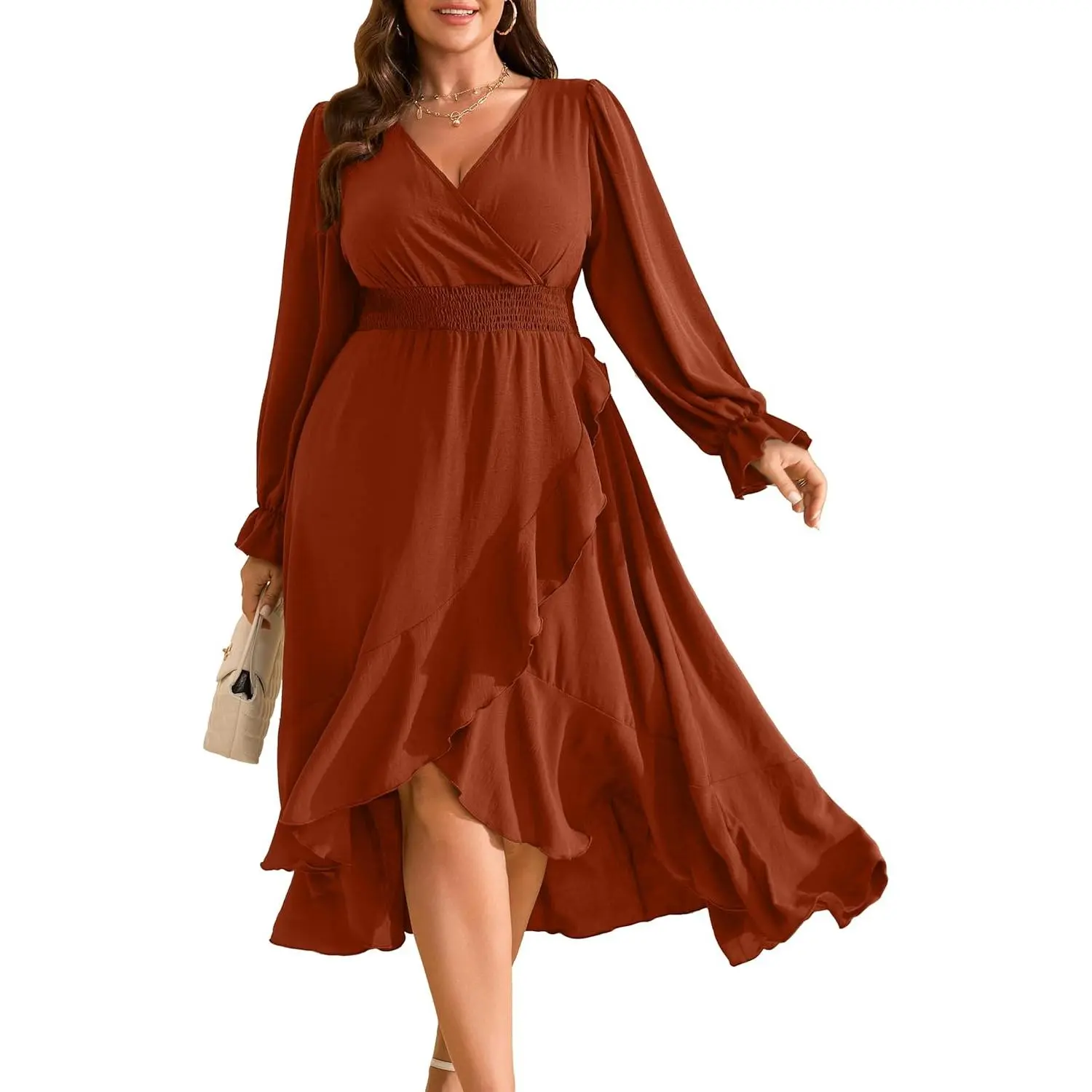RWJ Women's Plus Size Maternity Wedding Guest Maxi Dress - Wrap V-Neck, Long Sleeve, High-Low Ruffle, Sexy, Light, Comfy Semi-Formal Fall Cocktail Dress