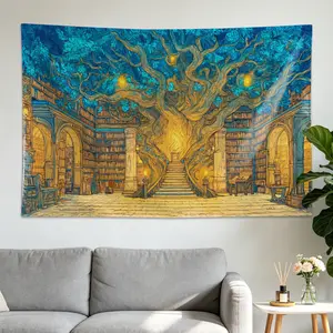 Fantasy Library Tree of Knowledge Wall tapestry, Large size Printed Horizontal Tapestry blanket, Polyester Fabric Wall Hanging for living room, study room, No Installation Required, Indoor, Outdoor, Gift for Family and Friends