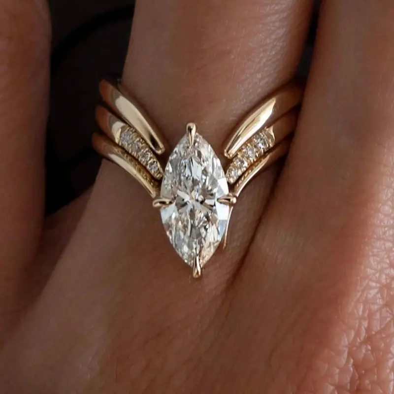 3 Pieces/Set Marquise Cut Solitaire Stackable Ring Set, Split Pave Side Band Wedding Stack Rings, Bridal Engagement Matching Jewelry