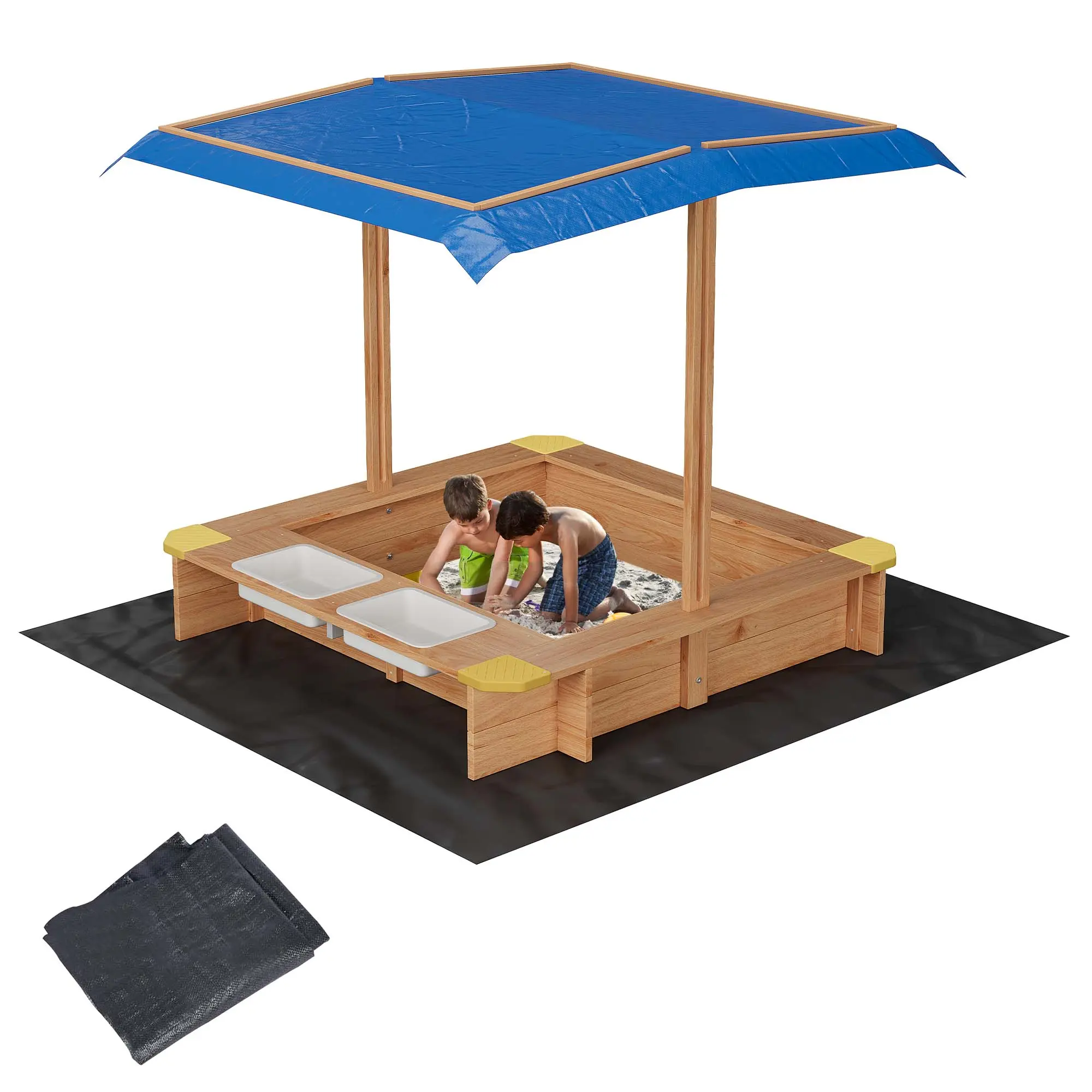 Summervibes Flash sale toy items Wooden Sand and Water Table for Kids – Outdoor Sandbox with Lid, Retractable Canopy, 2 Side Buckets, Drainage Liner, UV & Weather Resistant, Adjustable Roof Height – Ages 1-8 – Backyard, Patio, Beach