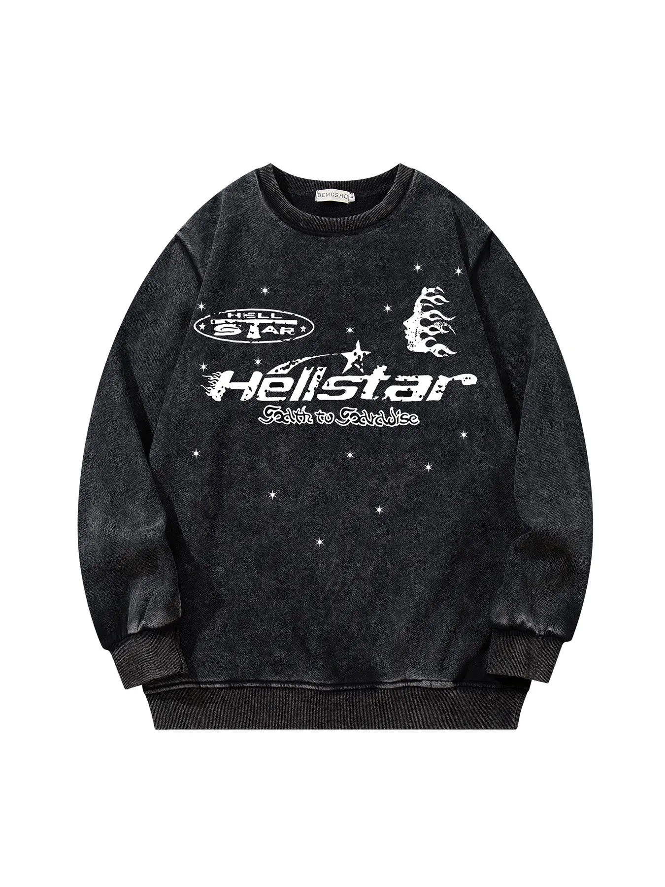 Men's Vintage Dark Feng Shui Washed Tie-Dye Flame Letter Graphic Star Print Sweatshirt, Fall New Fashion Casual Long Sleeve Top, Round Neck Pullover