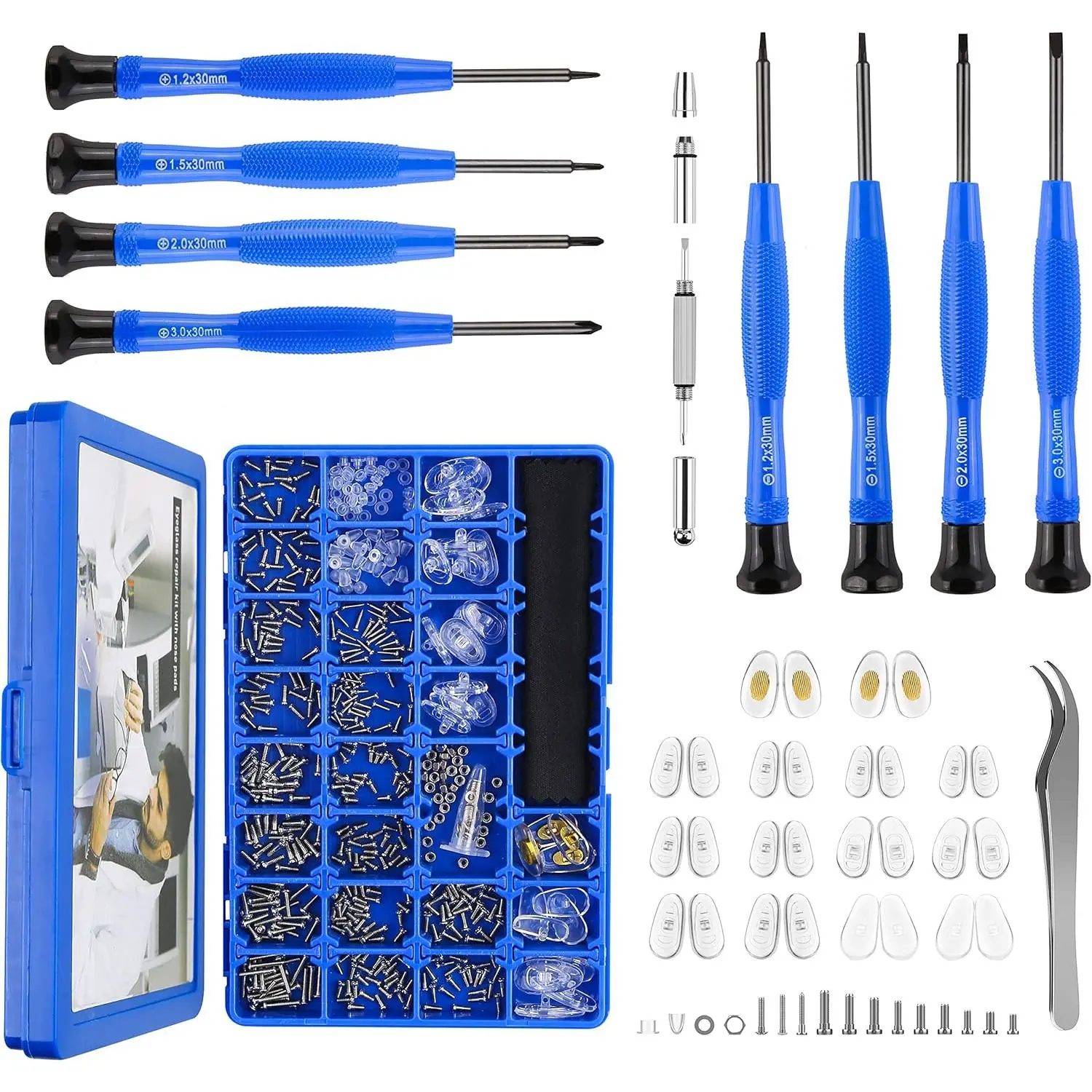 Version Eye Repairing Kit, Eyeglass Repair Tool Kit with Compact Screw Box Include Nose Pads, Screwdriver Set, Screws, Tweezer for Eyeglass, Sunglass, Spectacles Watch