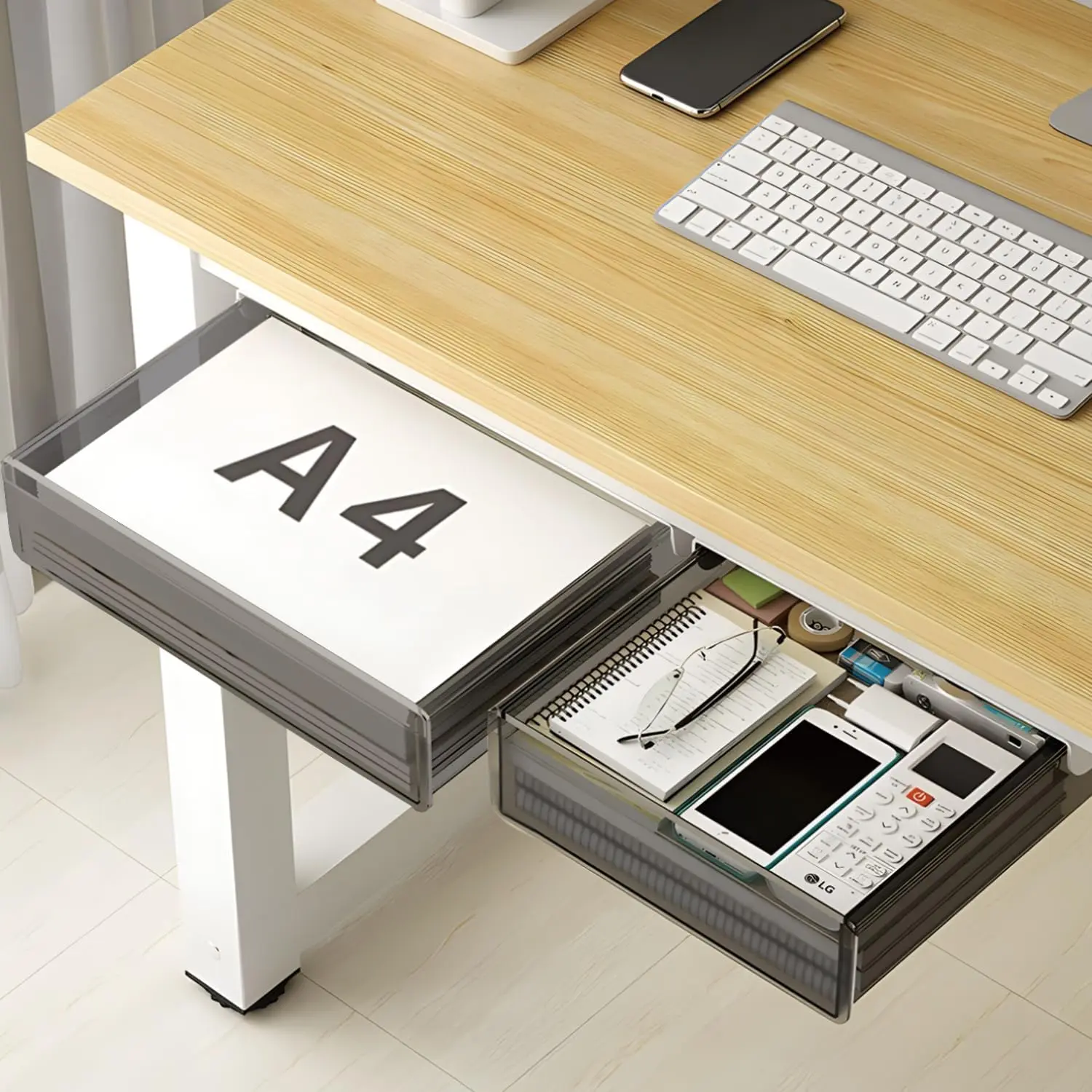 Under Desk Table Drawer Storage Organizer,2 Pack Large & Medium Slide Out Desk Drawers -  Desktop Organizer,Attachable Pencil Storage Tray Under Table(ML)