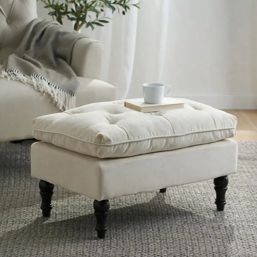 Elegant Plush Pillow Top Ottoman With Turned Legs, Comfortable Living Room Addition
