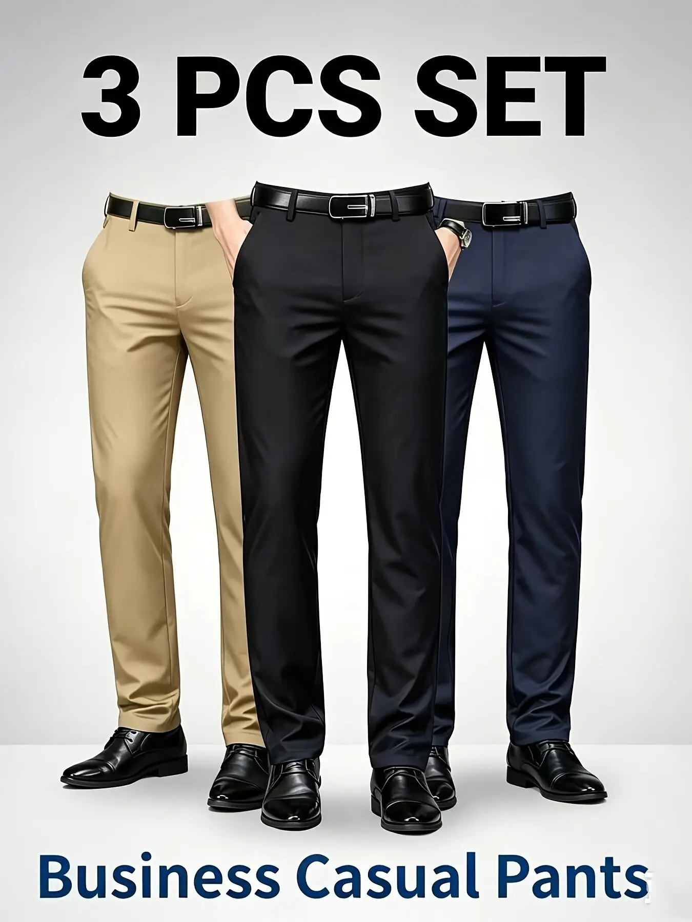 3-Pack Men's Business Suit Pants, Elastic Long Office Trousers, Classy Casual Trousers, Formal Wear, Straight Leg Casual Pants, Office