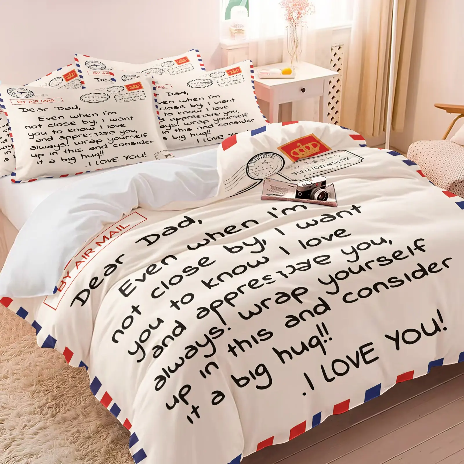 Dear Dad Air Mail Letter Duvet Cover Set, Sentimental Father Quote Bedding Set, 1 Duvet Cover & 1/2 Pillowcase, No Filling, Perfect Father's Day Birthday Gift, Soft Cozy Bed Cover for Dad Men Home Decor