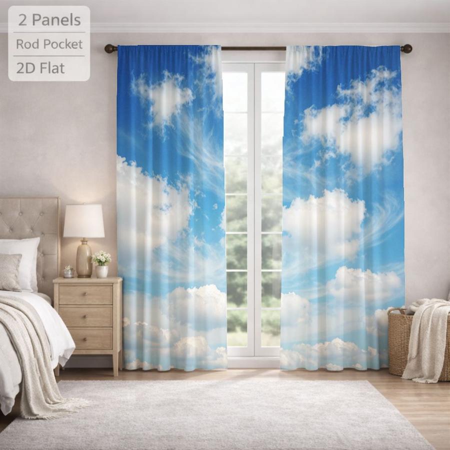 2Pcs Blue Sky White Cloud Pattern Landscape Sun Blocking Curtains Digital Printed Rod Pocket, Window Treatment For Bedroom Office Kitchen Living Room Study Home Decor