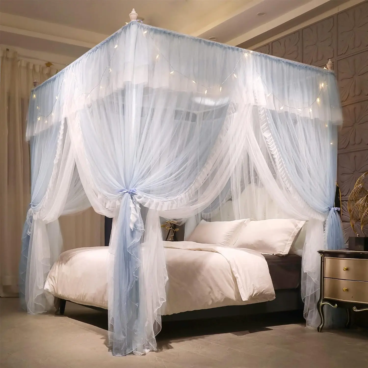 4-Corner Post Ruffle Bedding Layer Cozy Drape Mosquito Net, 4-Opening Design for Girls' Bedrooms, Gray/White, 47" W×78" L×82" H Twin Size Bedroom Decor